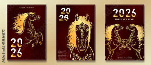 Set of 2026 New Year cards with hand drawn golden ornamental horses with decorative floral patterns. Year of the Horse design on red background. Luxury banners for Chinese zodiac and Xmas celebration