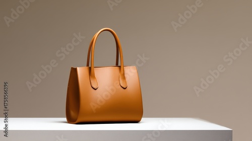 Structured minimal bag concept, Stylish brown handbag displayed on a minimalist surface against a neutral background.