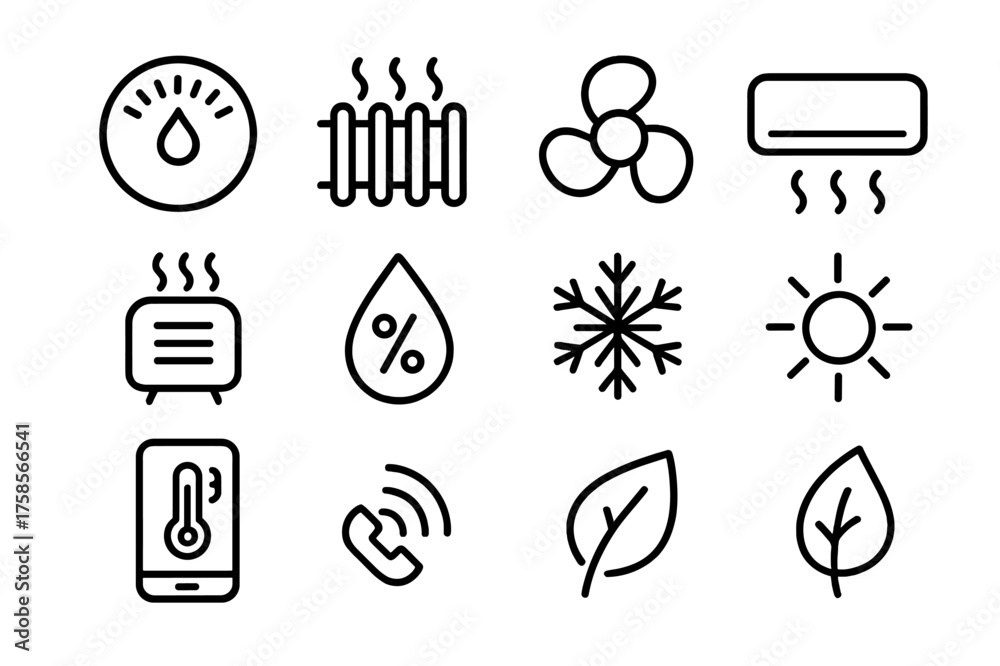 Fototapeta premium Smart Climate Icons. Smart climate control. Line icon set of smart climate control: thermostat, radiator, fan, air conditioner, heater, humidity sensor,