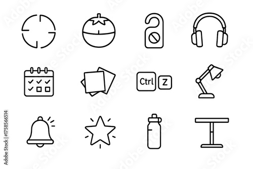 Productivity Icon Set. Productivity boosters. Line icon set of Productivity boosters: focus mode, pomodoro timer, do not disturb sign, noise cancelling
