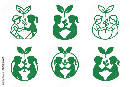 Sustainability Logo Variations. Children engaging in environmental conservation activities. Set Logo of Sustainability: environmental awareness icon.