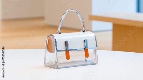 Structured minimal bag concept, Stylish transparent handbag displayed elegantly on a table.