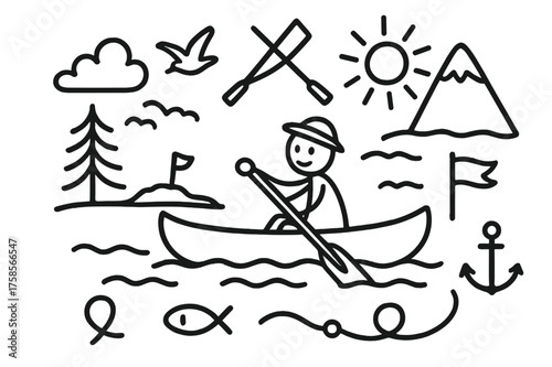 Doodle Rowing Adventure. Rowing a boat. Hand-drawn doodle illustration rowing a boat person in canoe, double oars crossing, water ripples, shoreline tree,