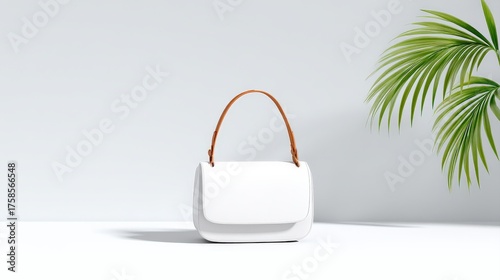 Structured minimal bag concept, A minimalist white handbag displayed with a green leaf accent.