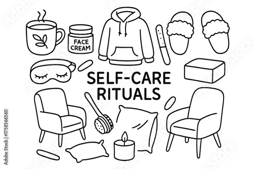 Self-Care Ritual Essentials. Self-care rituals. Hand-drawn doodle illustration self-care rituals herbal tea mug, face cream jar, nail file, soft slippers, silk