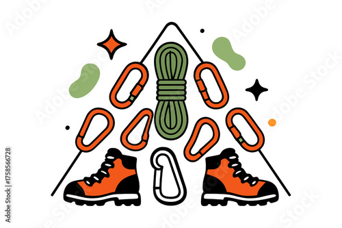 Floating Climbing Gear. Climbing gear. Boots, ropes, and carabiners floating in dynamic arrangement, forming the silhouette of a mountain. Abstract shapes