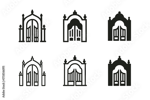 Palace Gate Logos. Royal palaces. Set Logo of Architecture: palace gates icon. harmonious logo variations of the same emblematic concept, each with different