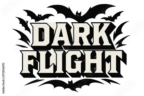 Dark Flight Typography. Dark Flight ? Bold Block Lettering, stacked uppercase with chunky geometric serifs, heavy outline and flat 3D shading, framed by