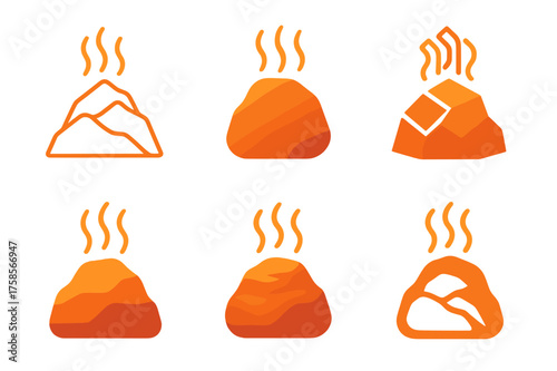 Geothermal Energy Logos. Heat radiating from rocks. Set Logo of Geothermal energy: glowing rock. harmonious logo variations of the same emblematic concept,