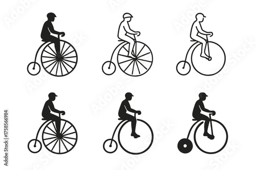 Vintage Bicycle Logos. Old Bicycle. Set Logo of Vintage bicycle: silhouette of cyclist riding old bicycle. harmonious logo variations of the same emblematic