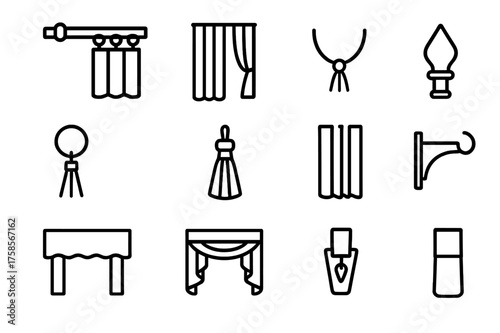 Window Decor Icons. Window decor elements. Line icon set of Window decor elements: curtain rod, drape panel, tieback, finial, curtain ring, tassel, folds, rod