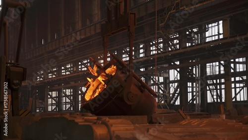 Molten metal pouring from a giant ladle in a steel mill. Stock clip