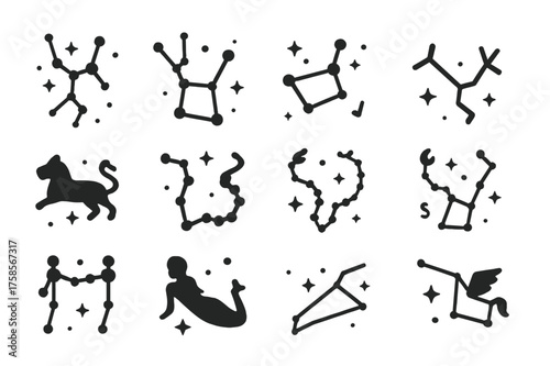 Stellar Constellations Icons. Stellar Constellations. Solid icons set of Stellar Constellations: Orion, Ursa Major, Ursa Minor, Cassiopeia, Leo, Draco,