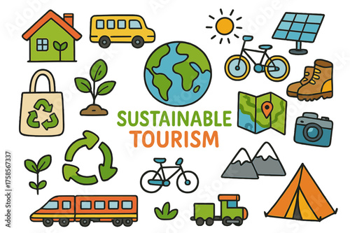 Sustainable Travel Doodles. Sustainable Tourism. Colorful Hand-drawn doodle Children illustration Earth globe, eco house, bus, solar panel, bicycle, walking