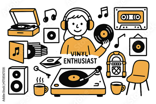 Vinyl Enthusiast Doodle. Vinyl Enthusiast. Hand-drawn doodle illustration vinyl enthusiast person holding vinyl record (accented), record player, headphones