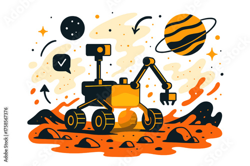 Mars Rover Adventure. Mars rover exploration. A glowing rover traversing red rocky terrain, abstract floating dust and orbiting planets emphasizing discovery.