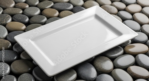Rectangular porcelain plate resting naturally atop an arrangement of smooth beach stones