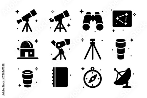 Astronomy Icon Collection. telescopes and observation. Solid icons set of telescopes and observation: refractor telescope, reflector telescope, binoculars,