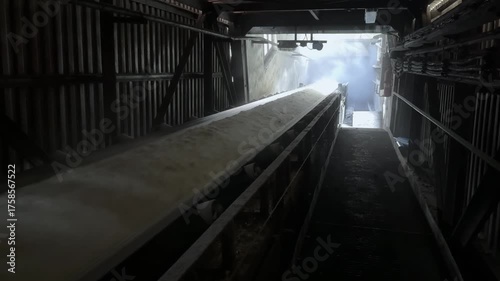 A dynamic, close-up shot captures a heavy industrial conveyor belt transporting a high volume of crushed material, such as cement or limestone, at great speed through a dark factory interior. The stee