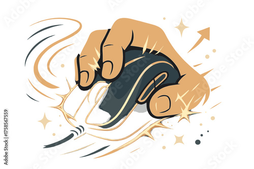 Neon Gaming Rush. Gaming mouse. Mouse glowing with neon lines, trailing speed curves behind. Hand gripping it tightly with sparks of energy around. Modern flat