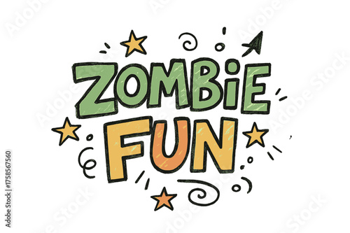 Zombie Doodle Sketch. Zombie Fun ? Doodle / Sketch: sketchy hand-drawn bubbly letters, uneven outline; arrows, stars, doodles surrounding; casual tilted