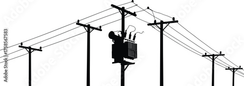 Silhouette illustration of electricity poles with power lines and transformer, high voltage transmission concept, black vector design representing energy distribution and electrical infrastructure