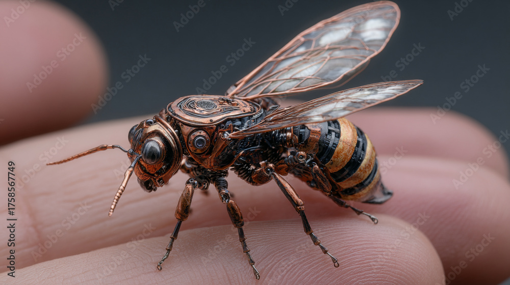 Obraz premium Hyperrealistic concept of a small robotic insect resting on a human hand representing advanced biotechnology artificial intelligence robotics and the intersection of nature and technology