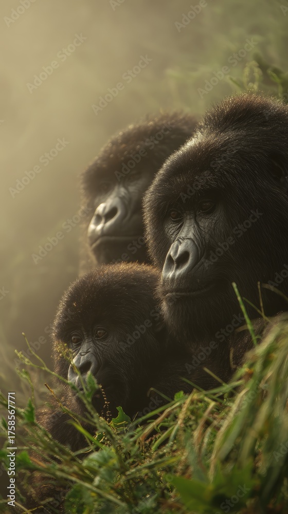Fototapeta premium Three gorillas, including a juvenile, are resting among lush green foliage, surrounded by misty atmosphere, showcasing their natural habitat and familial bond in the wild