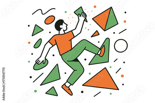 Dynamic Indoor Climbing. Indoor climbing wall. A figure scaling colorful geometric holds, body stretched in a dynamic pose. Chalk dust floating as bright
