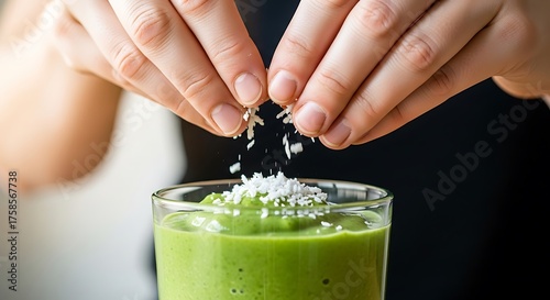 Sprinkling coconut flakes on a vibrant green smoothie, healthy boost