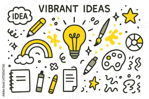 Creative Doodle Elements. Vibrant Ideas. Hand-drawn doodle illustration vibrant ideas light bulb (accented), rainbow, pencil (accented), paintbrush, paint