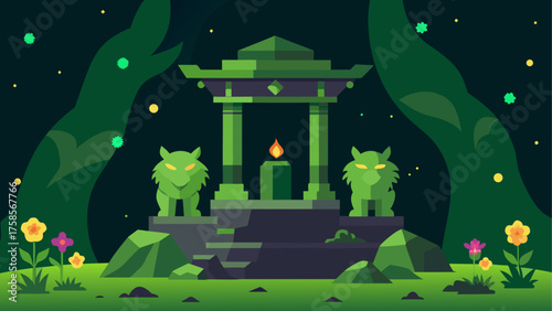 Mystical forest shrine with guardian statues and candle