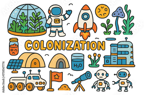Colorful Space Colonization Doodles. Colonization. Colorful Hand-drawn doodle Children illustration Space dome, astronaut, rocket, alien plants, habitat tent,