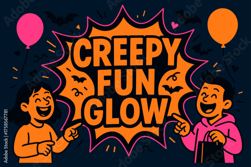 Creepy Fun Glow. Creepy Fun Glow banner, flat vector illustration, bold oversized text inside comic burst, cartoon characters laughing and pointing at banner,