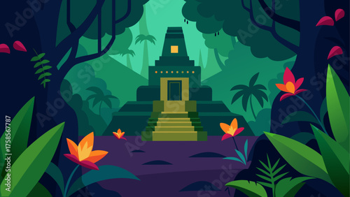 Ancient temple hidden deep within a lush tropical jungle