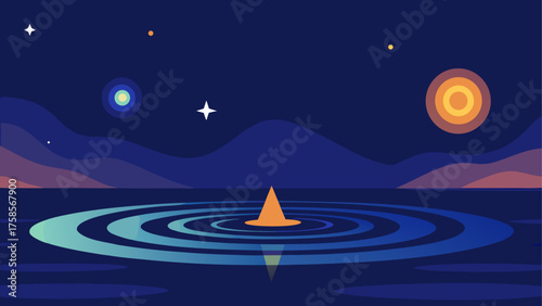 Abstract night landscape with rippling water and celestial bodies