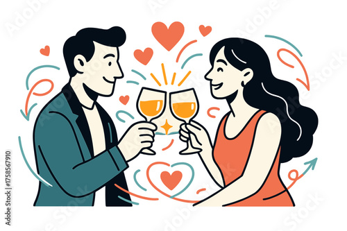 Anniversary Celebration Toast. Anniversary toast. Glowing couple clinking glasses, abstract floating hearts and light trails emphasizing love, commitment, and