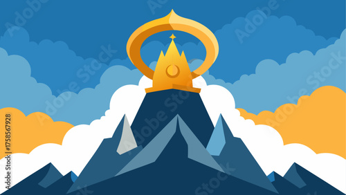 Stylized mountain peak crowned with a golden structure under a cloudy sky