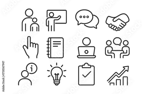 Mentorship Icon Set. Mentorship and guidance. Line icon set of Mentorship and guidance: mentor figure, teaching board, speech bubbles, handshake, guidance