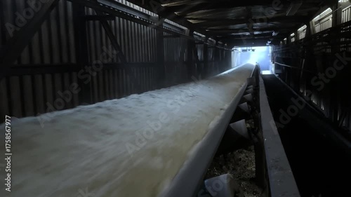 A dynamic, close-up shot captures a heavy industrial conveyor belt transporting a high volume of crushed material, such as cement or limestone, at great speed through a dark factory interior. The stee