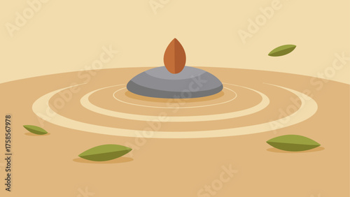 Zen garden with raked sand and floating leaves