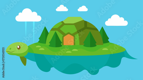 Whimsical floating turtle island with a cozy cave entrance and trees