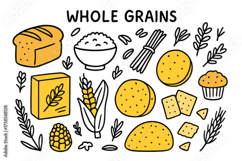 Whole Grains Illustration. Whole Grains. Hand-drawn doodle illustration bread loaf (colored), rice bowl, pasta (colored), oats, cereal box (colored), corn cob,
