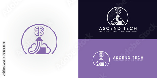 The Consulting and Tech logo symbolizes cloud-powered intelligence and growth. The logo combines a brain, a cloud, and an upward arrow into one sleek, modern design.