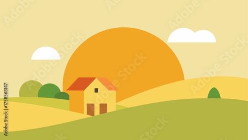 Minimalist farmhouse scene with a large sun and rolling hills