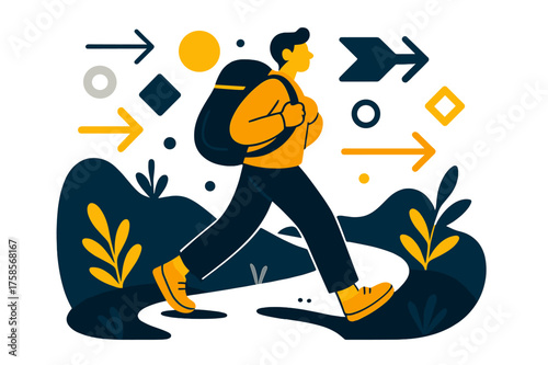 Solo Traveler's Trail. Solo travel adventure. A glowing lone traveler with backpack walking along a scenic trail, abstract floating arrows and geometric shapes
