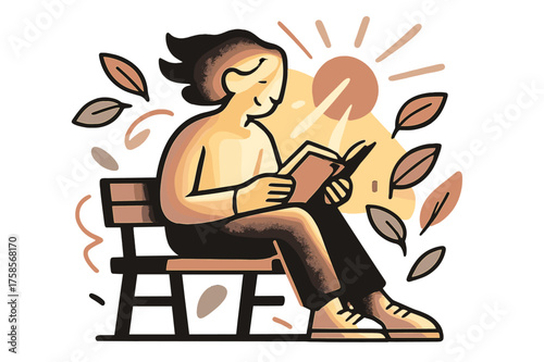 Sunlit Reading Bliss. Reading under sunlight. Glowing person sitting on a bench, abstract floating sun rays and leaves emphasizing calmness and focus. Modern