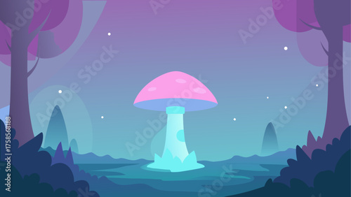 Enchanting fantasy forest landscape with a glowing mushroom and mystical trees