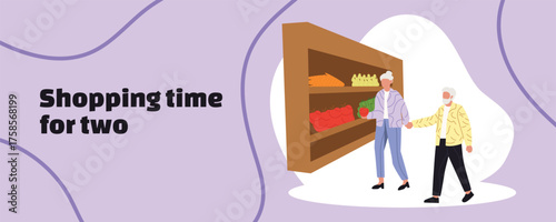 Shopping time for two. Elderly couple shopping together in supermarket. Senior man and woman buying groceries. Flat vector illustration