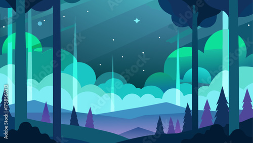 Enchanting aurora borealis over a stylized forest landscape